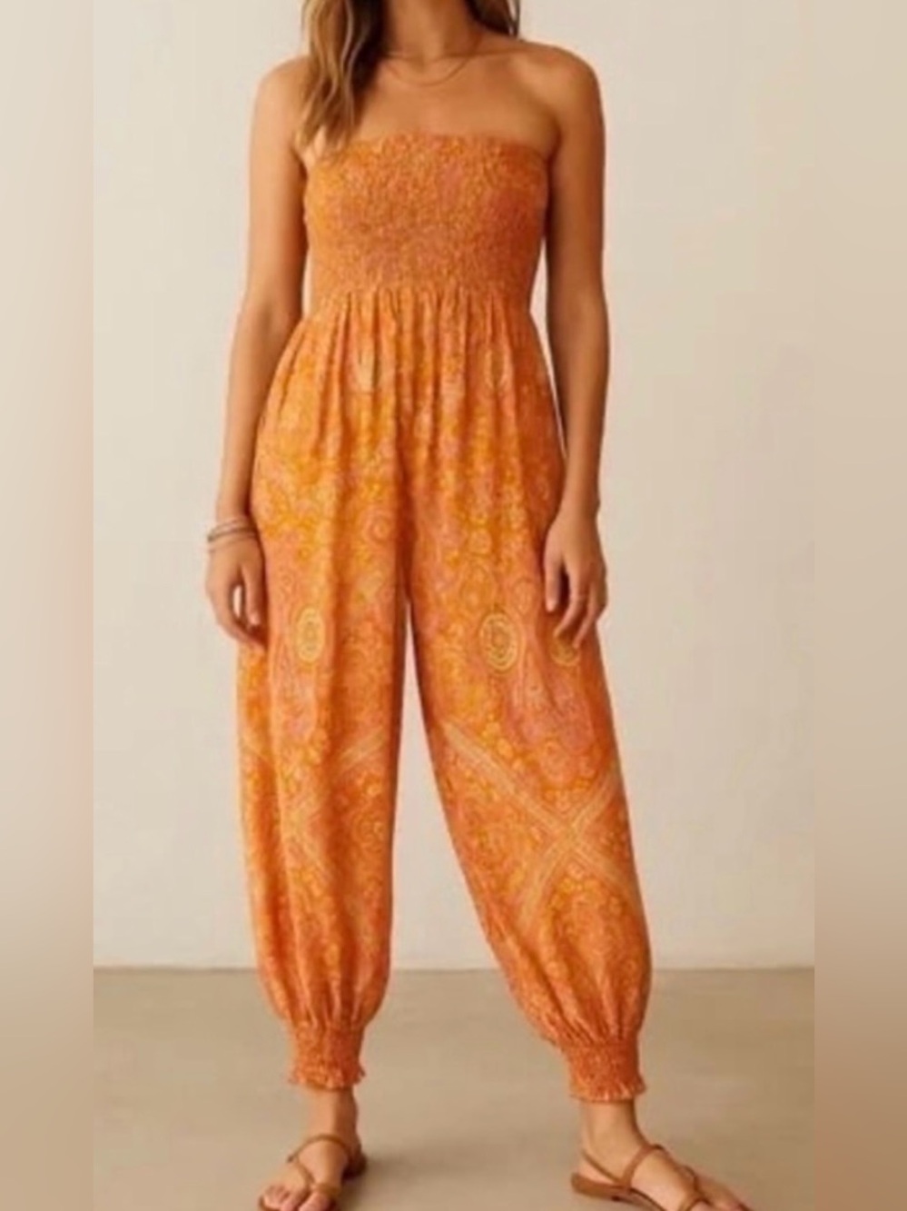 Free People Thinking of You Orange/Pink Paisley Strapless Jumpsuit Sz M Boho